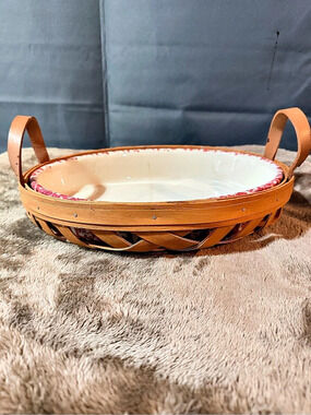 HENN Gerald Woven Wood & Ceramic Serving Basket in Brown & Cream
